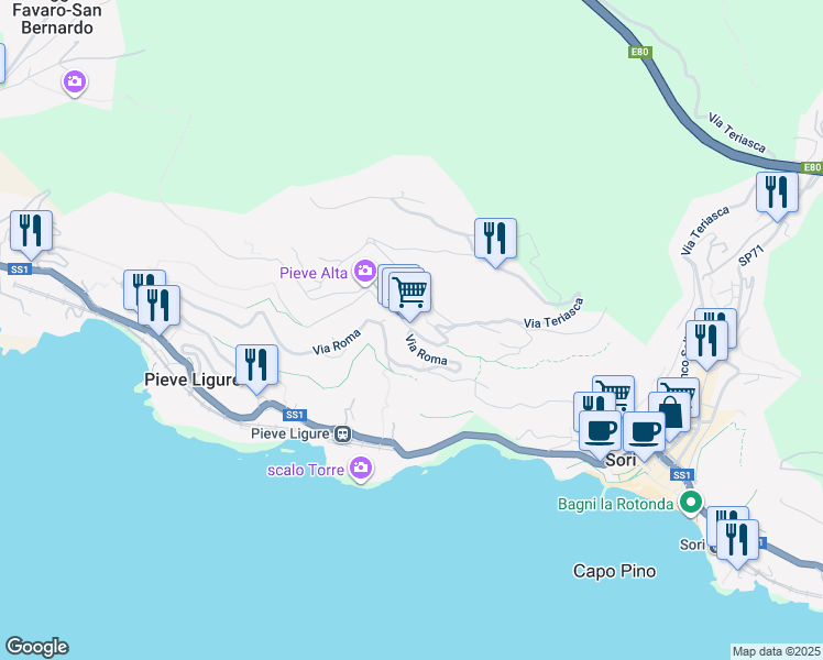 map of restaurants, bars, coffee shops, grocery stores, and more near 6 Via 11 Febbraio in Pieve Ligure