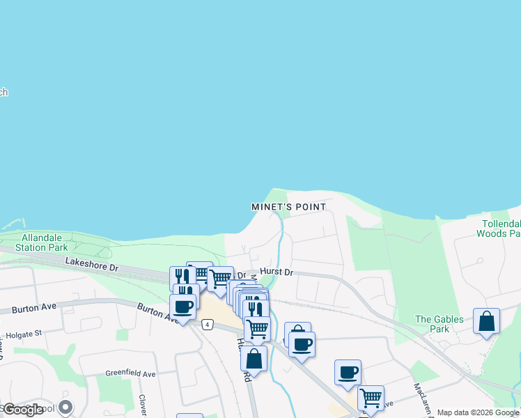 map of restaurants, bars, coffee shops, grocery stores, and more near 10 Lismer Boulevard in Barrie