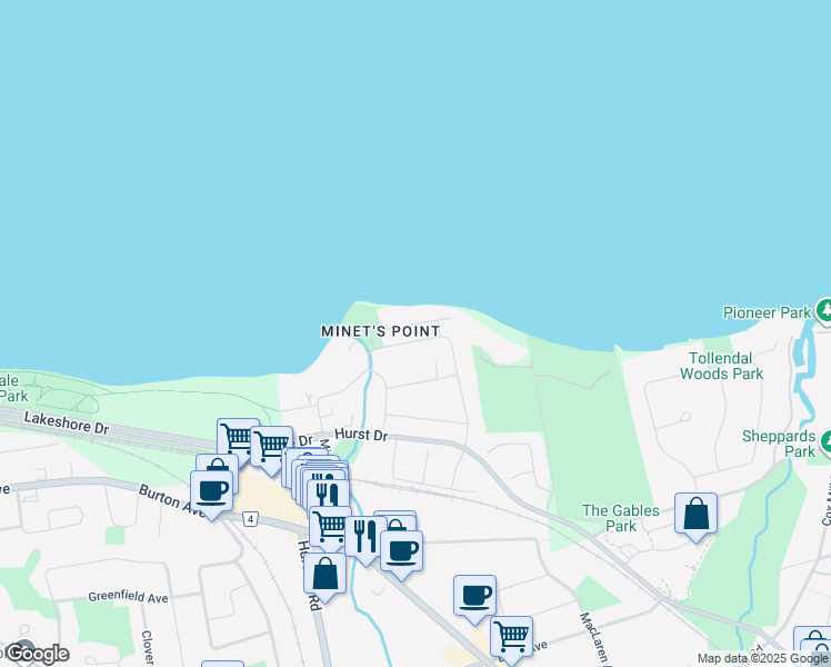 map of restaurants, bars, coffee shops, grocery stores, and more near 218 Kempview Lane in Barrie
