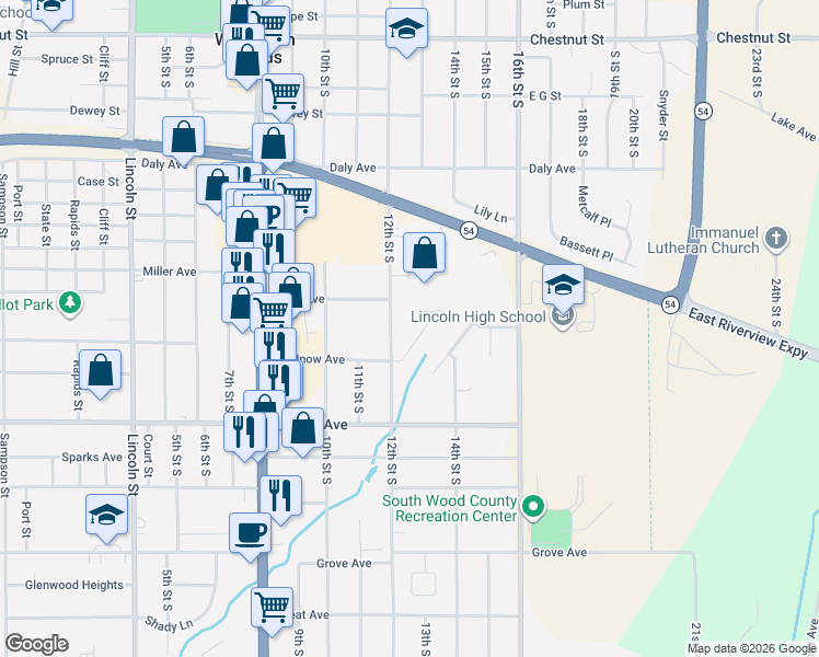 map of restaurants, bars, coffee shops, grocery stores, and more near 2020 Sherri Lane in Wisconsin Rapids