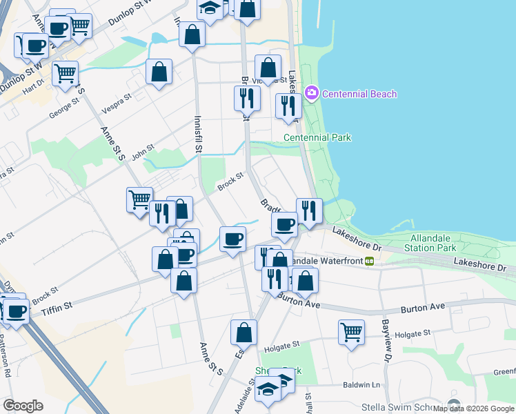 map of restaurants, bars, coffee shops, grocery stores, and more near 220 Bradford Street in Barrie