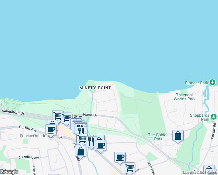 map of restaurants, bars, coffee shops, grocery stores, and more near 30 Brennan Avenue in Barrie