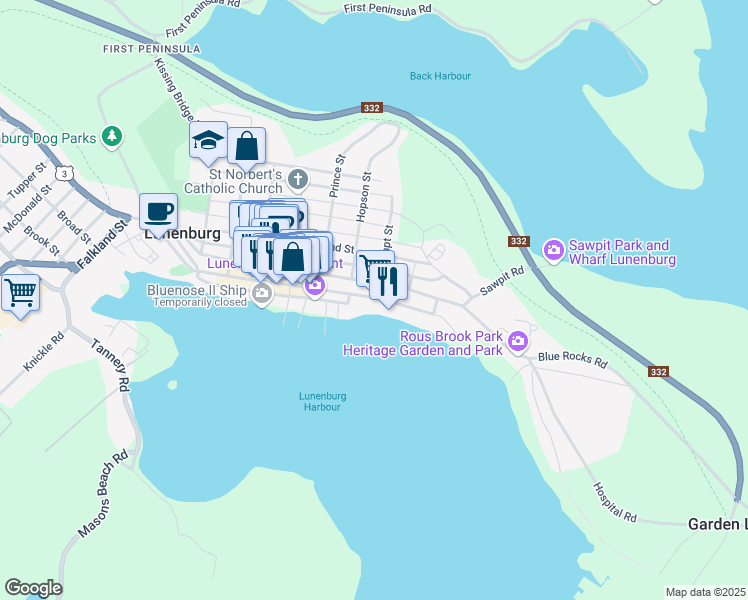 map of restaurants, bars, coffee shops, grocery stores, and more near 220 Montague Street in Lunenburg