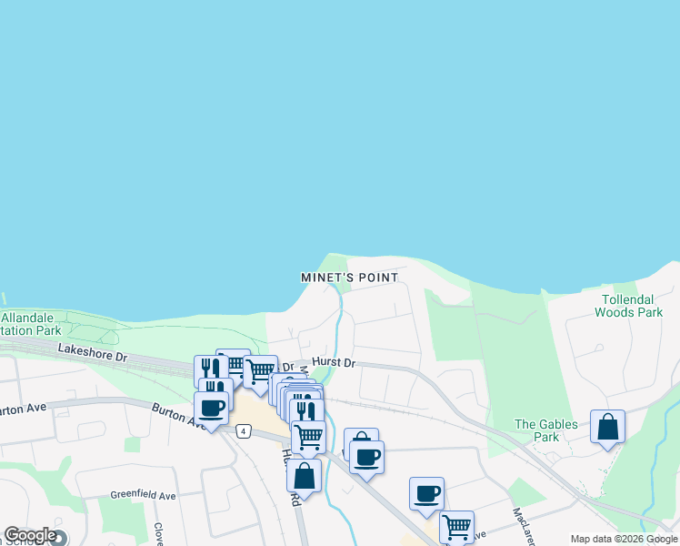 map of restaurants, bars, coffee shops, grocery stores, and more near 10 Lismer Boulevard in Barrie
