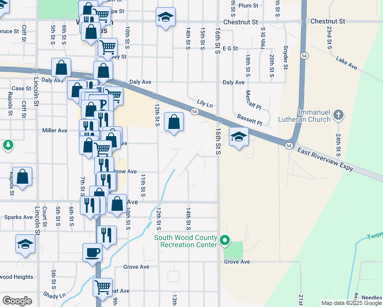 map of restaurants, bars, coffee shops, grocery stores, and more near 2040 James Court in Wisconsin Rapids