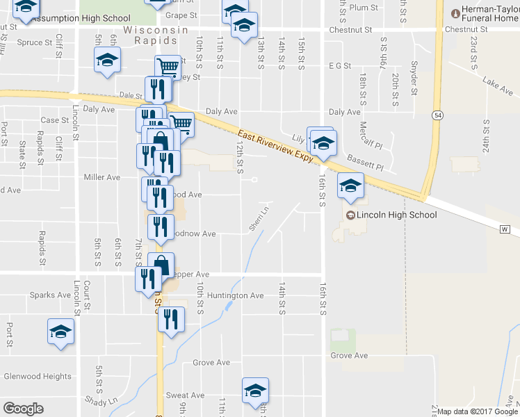 map of restaurants, bars, coffee shops, grocery stores, and more near 2020 Sherri Lane in Wisconsin Rapids