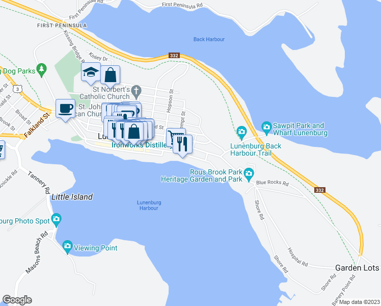 map of restaurants, bars, coffee shops, grocery stores, and more near 245 Montague Street in Lunenburg