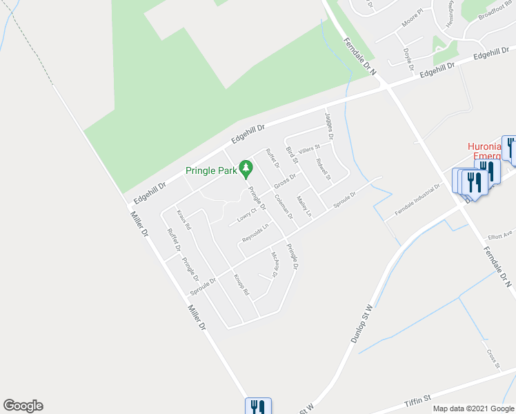 map of restaurants, bars, coffee shops, grocery stores, and more near 40 Pringle Drive in Barrie