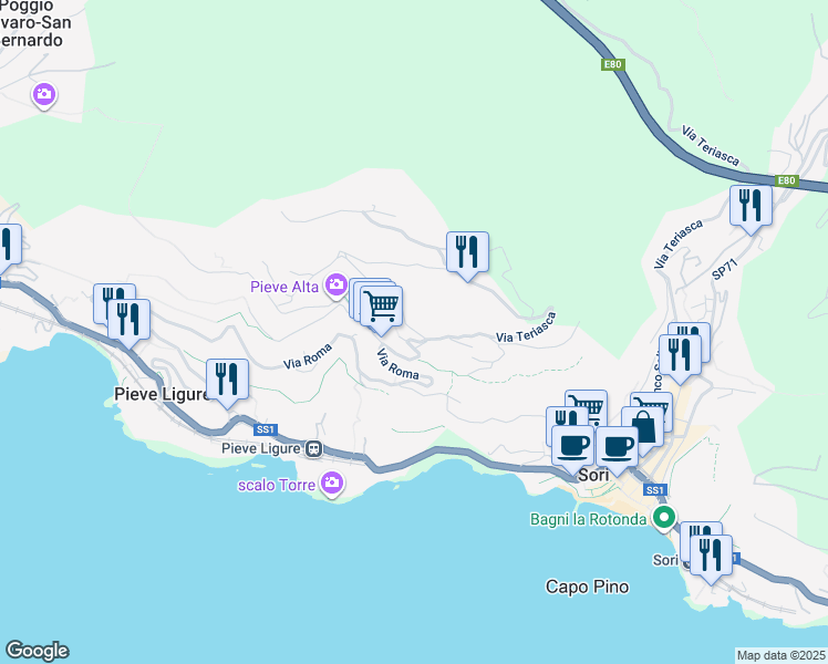 map of restaurants, bars, coffee shops, grocery stores, and more near 6 Via XI Febbraio in Pieve Ligure