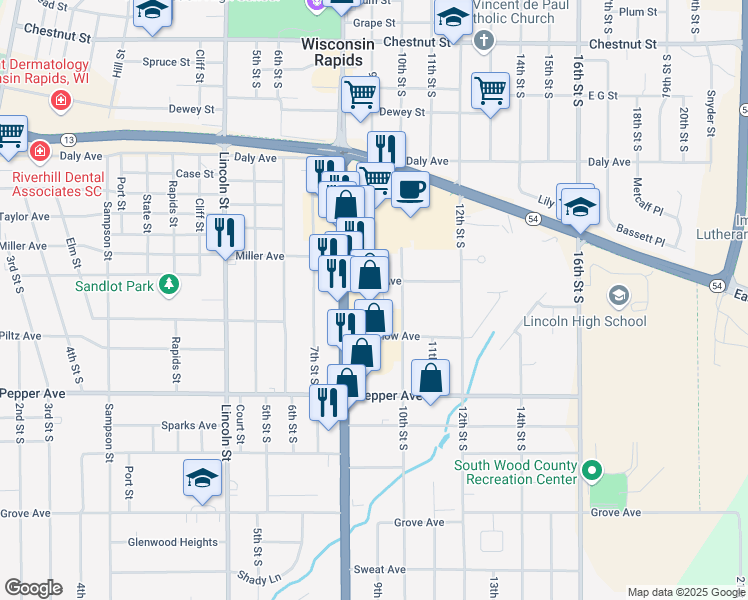 map of restaurants, bars, coffee shops, grocery stores, and more near 2111 8th Street South in Wisconsin Rapids