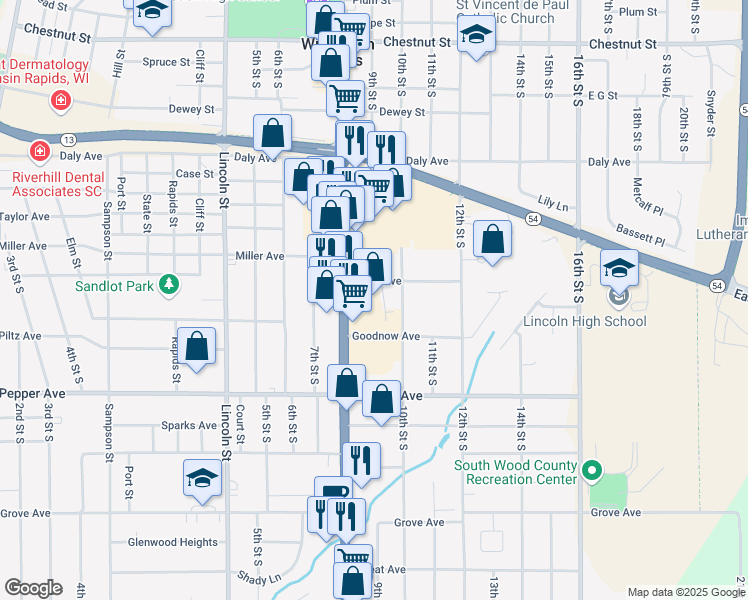 map of restaurants, bars, coffee shops, grocery stores, and more near 2111 8th Street South in Wisconsin Rapids