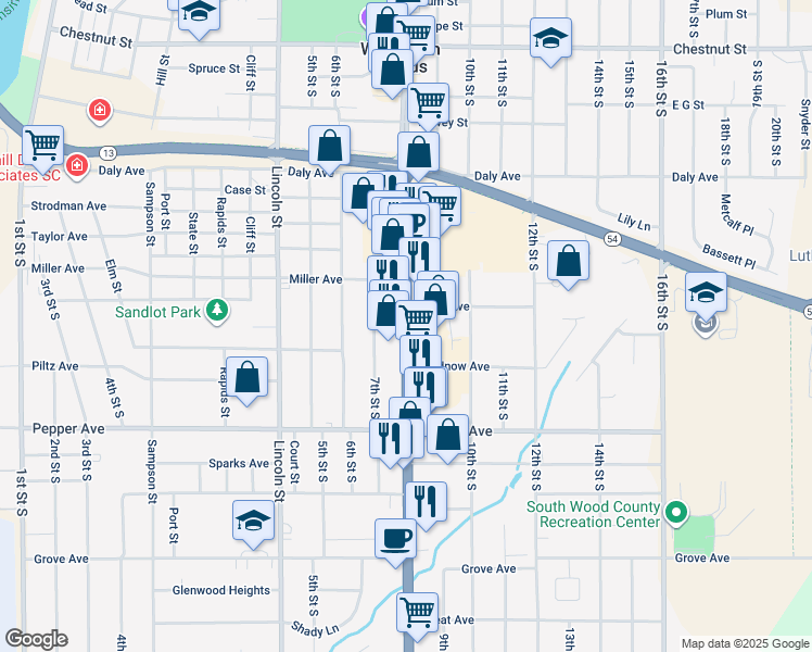 map of restaurants, bars, coffee shops, grocery stores, and more near 2131 8th Street South in Wisconsin Rapids