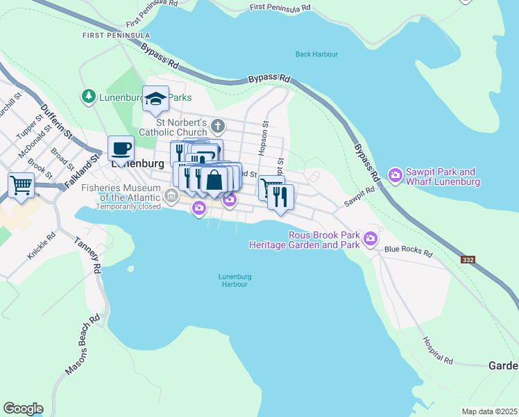 map of restaurants, bars, coffee shops, grocery stores, and more near 200 Montague Street in Lunenburg