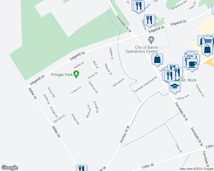 map of restaurants, bars, coffee shops, grocery stores, and more near 114 Bird Street in Barrie