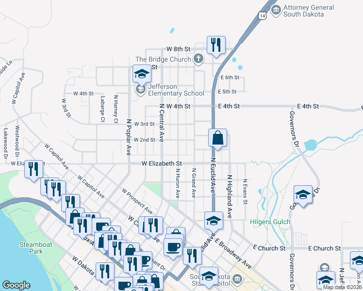 map of restaurants, bars, coffee shops, grocery stores, and more near 626 North Huron Avenue in Pierre