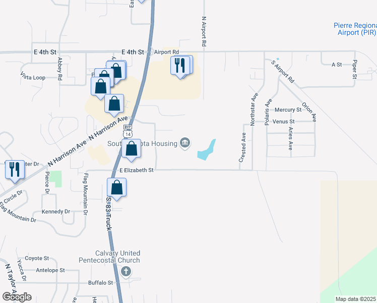 map of restaurants, bars, coffee shops, grocery stores, and more near 3060 East Elizabeth Street in Pierre