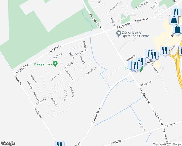map of restaurants, bars, coffee shops, grocery stores, and more near 91 Sproule Drive in Barrie