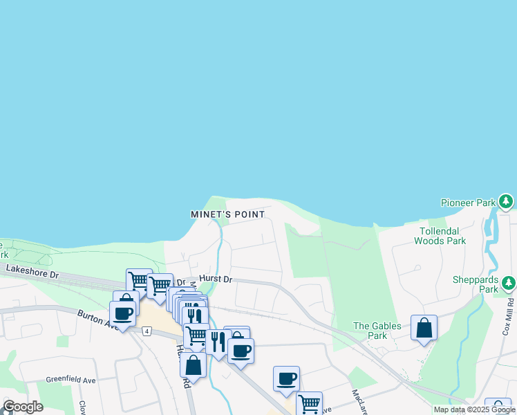 map of restaurants, bars, coffee shops, grocery stores, and more near 218 Kempview Lane in Barrie