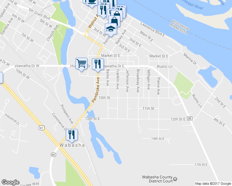 map of restaurants, bars, coffee shops, grocery stores, and more near 924 Franklin Avenue in Wabasha