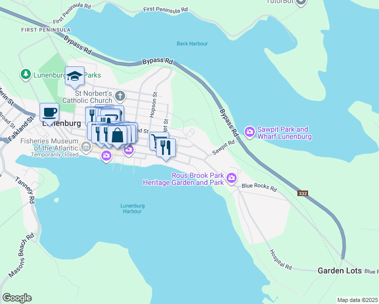 map of restaurants, bars, coffee shops, grocery stores, and more near 243 Pelham Street in Lunenburg