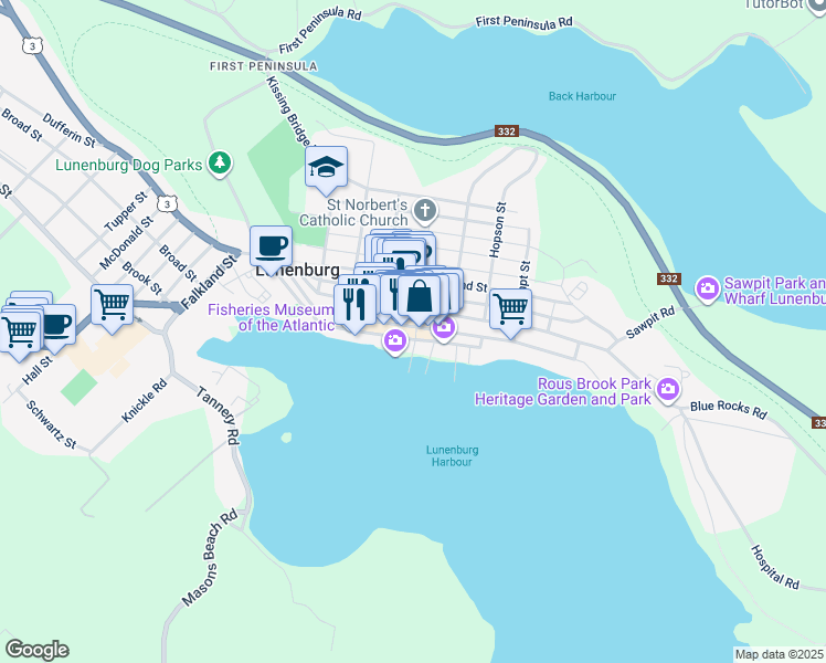 map of restaurants, bars, coffee shops, grocery stores, and more near 121 Bluenose Drive in Lunenburg