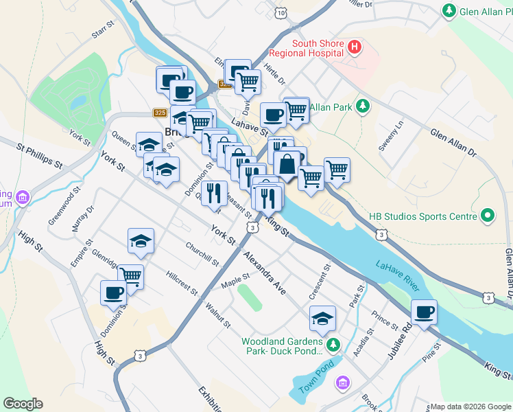 map of restaurants, bars, coffee shops, grocery stores, and more near 455 King Street in Bridgewater