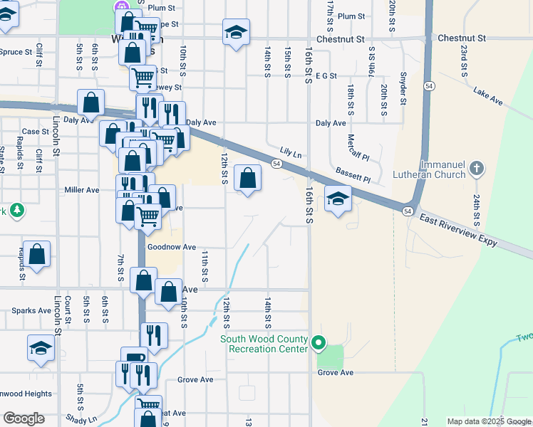 map of restaurants, bars, coffee shops, grocery stores, and more near 2040 James Court in Wisconsin Rapids