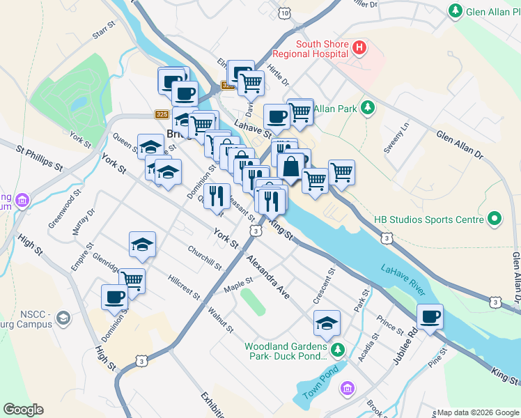 map of restaurants, bars, coffee shops, grocery stores, and more near 455 King Street in Bridgewater