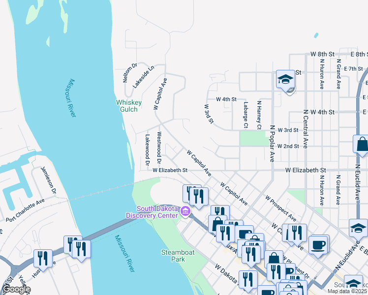 map of restaurants, bars, coffee shops, grocery stores, and more near 1100 West Capitol Avenue in Pierre