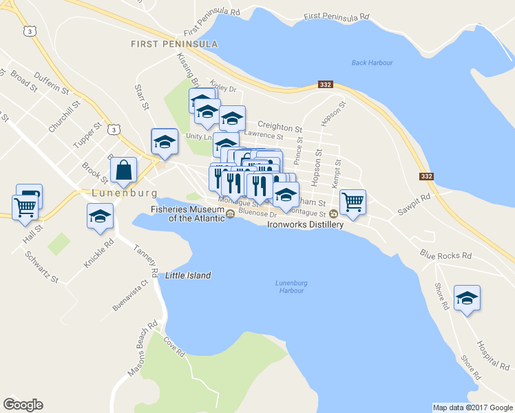 map of restaurants, bars, coffee shops, grocery stores, and more near 100 Montague Street in Lunenburg