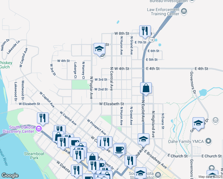 map of restaurants, bars, coffee shops, grocery stores, and more near North Central Avenue in Pierre