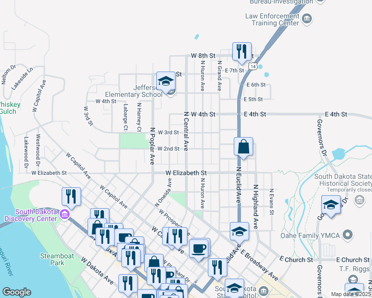map of restaurants, bars, coffee shops, grocery stores, and more near North Central Avenue in Pierre