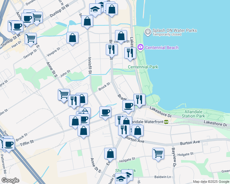 map of restaurants, bars, coffee shops, grocery stores, and more near in Barrie