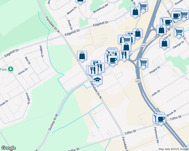 map of restaurants, bars, coffee shops, grocery stores, and more near Dunlop Street West in Barrie