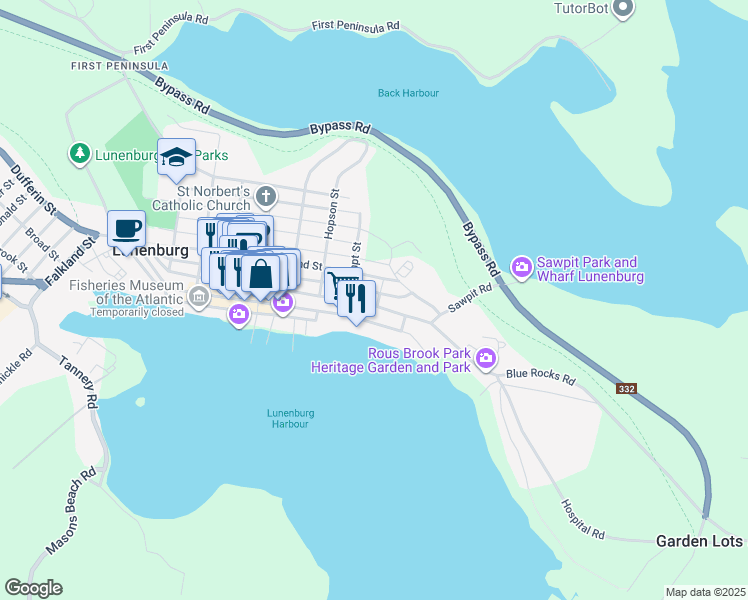map of restaurants, bars, coffee shops, grocery stores, and more near 215 Pelham Street in Lunenburg