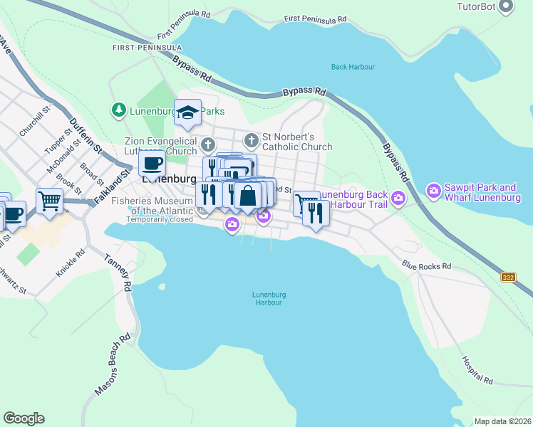 map of restaurants, bars, coffee shops, grocery stores, and more near 9 Prince Street in Lunenburg