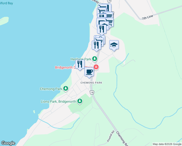 map of restaurants, bars, coffee shops, grocery stores, and more near 780 County Road 18 in Bridgenorth