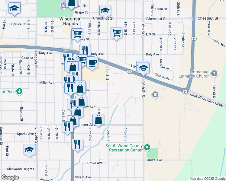 map of restaurants, bars, coffee shops, grocery stores, and more near 2020 Sherri Lane in Wisconsin Rapids
