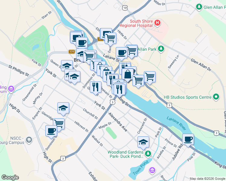 map of restaurants, bars, coffee shops, grocery stores, and more near 473 King Street in Bridgewater