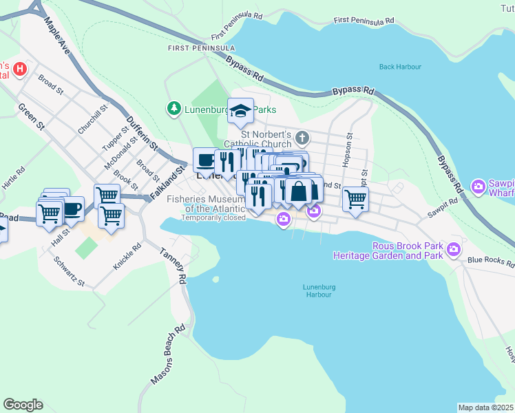 map of restaurants, bars, coffee shops, grocery stores, and more near 56 Montague Street in Lunenburg
