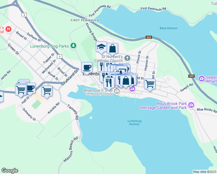map of restaurants, bars, coffee shops, grocery stores, and more near 56 Montague Street in Lunenburg