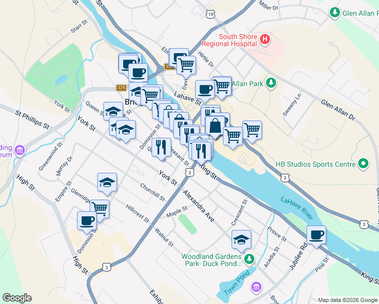 map of restaurants, bars, coffee shops, grocery stores, and more near 483 King Street in Bridgewater