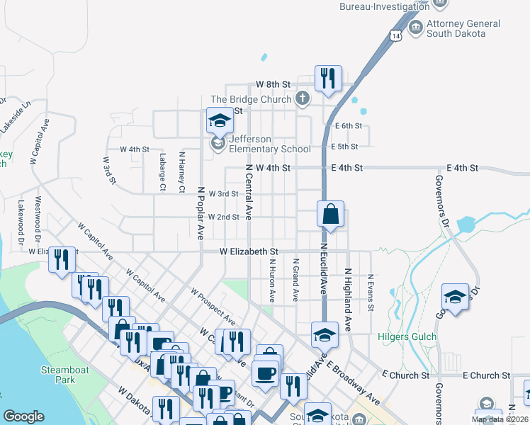 map of restaurants, bars, coffee shops, grocery stores, and more near 626 North Huron Avenue in Pierre
