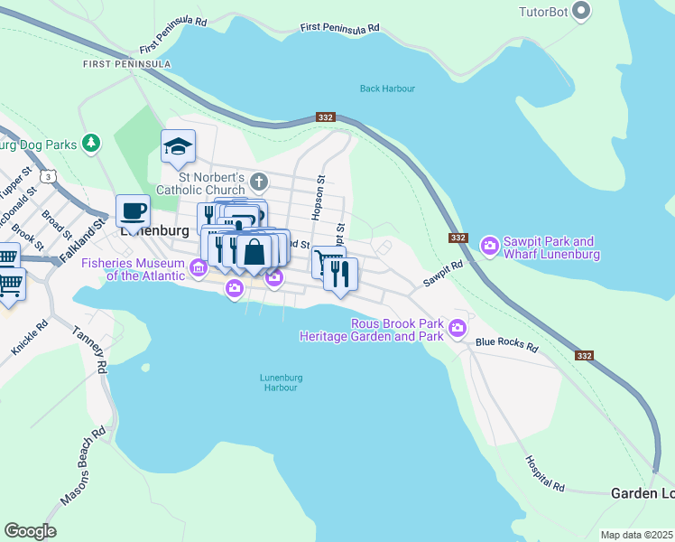 map of restaurants, bars, coffee shops, grocery stores, and more near 245 Montague Street in Lunenburg