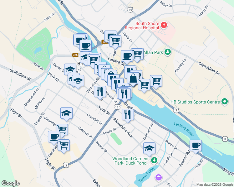 map of restaurants, bars, coffee shops, grocery stores, and more near 483 King Street in Bridgewater