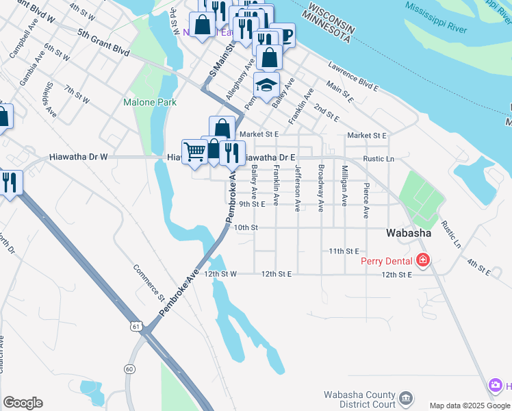 map of restaurants, bars, coffee shops, grocery stores, and more near 924 Franklin Avenue in Wabasha