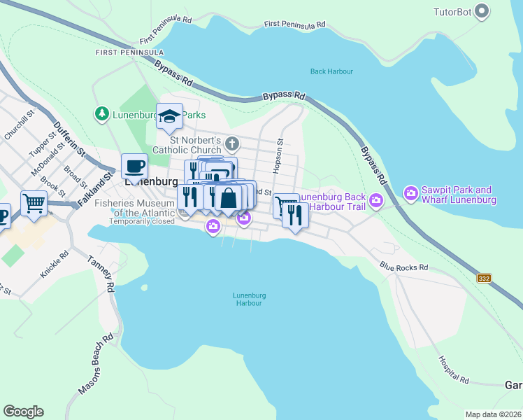 map of restaurants, bars, coffee shops, grocery stores, and more near 155 Pelham Street in Lunenburg