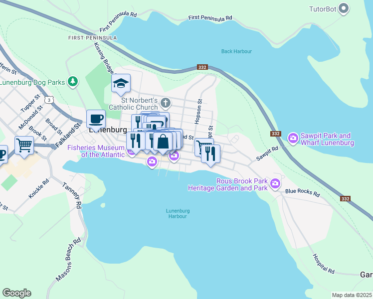 map of restaurants, bars, coffee shops, grocery stores, and more near 155 Pelham Street in Lunenburg