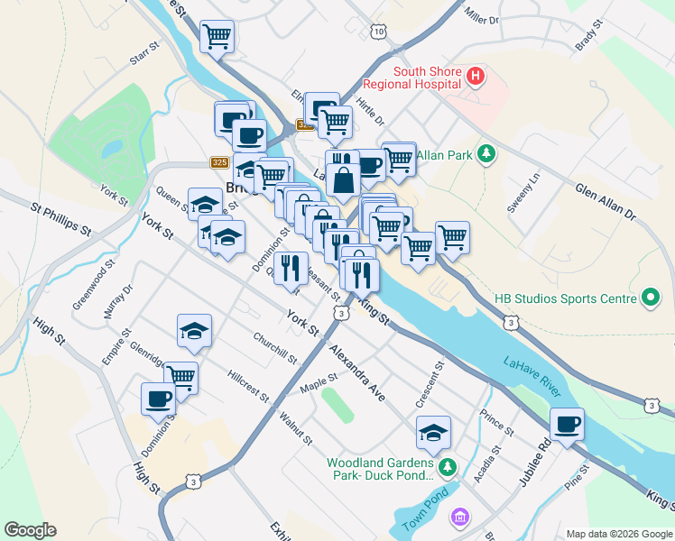 map of restaurants, bars, coffee shops, grocery stores, and more near 483 King Street in Bridgewater