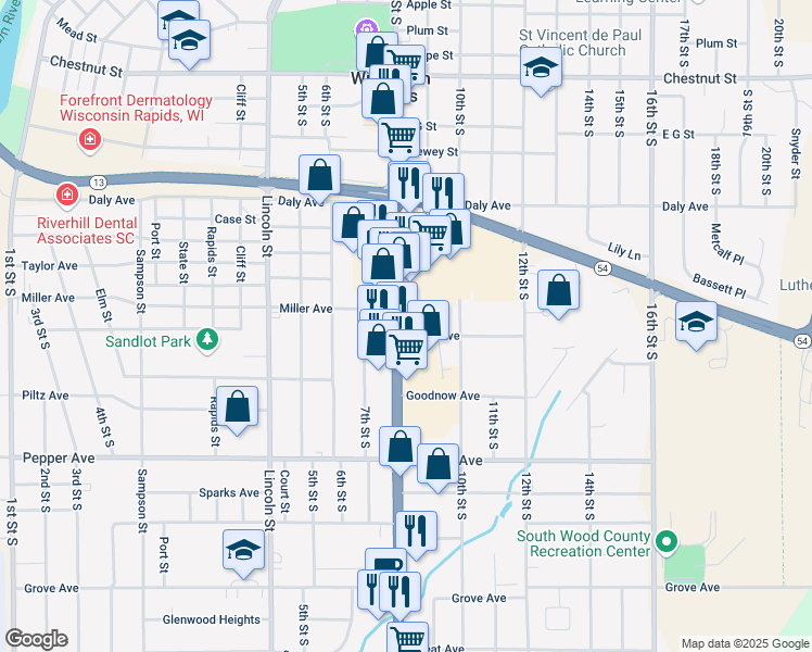 map of restaurants, bars, coffee shops, grocery stores, and more near 1919 8th Street South in Wisconsin Rapids